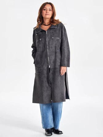 Замшевое женское пальто оверсайз с капюшоном на молнии премиум класса 3058з-0