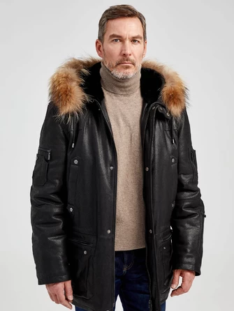 Утепленная мужская кожаная куртка аляска с мехом енота Алекс-1