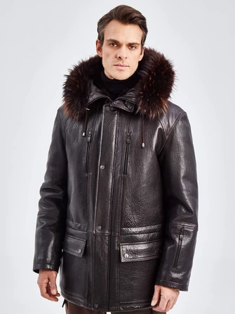 Утепленная кожаная куртка аляска с мехом енота для мужчин 556-1
