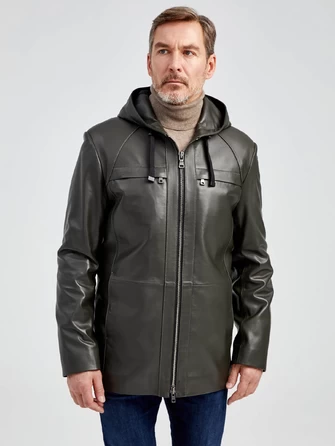 Удлиненная мужская кожаная куртка с капюшоном премиум класса 552-0