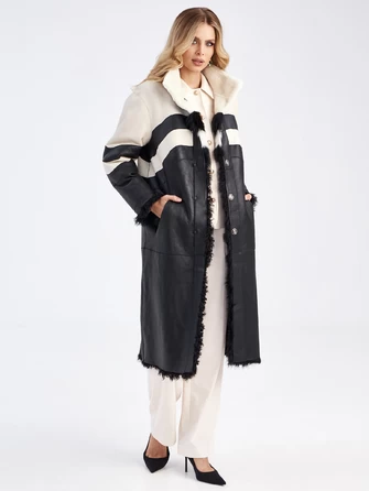 Комбинированное двустороннее женское пальто из натуральной овчины с мехом тиградо премиум класса 203-0