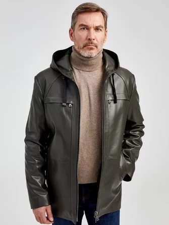 Удлиненная мужская кожаная куртка с капюшоном премиум класса 552-1