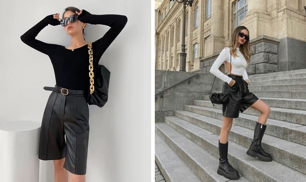 Кожаные шорты с высокой талией в образе, подчёркивающем фигуру