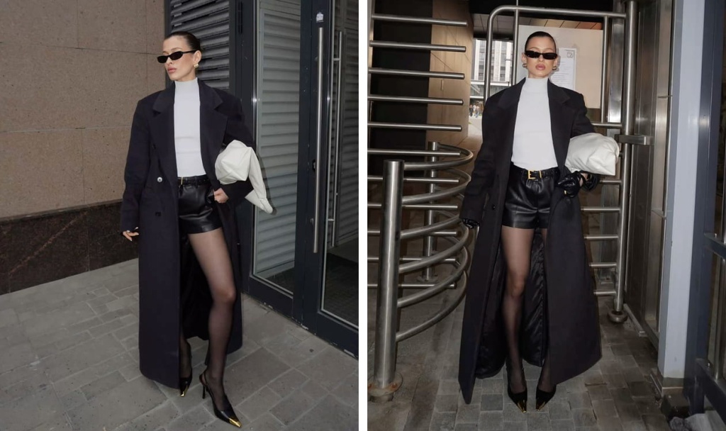 Стильный образ с кожаными шортами и базовым верхом для города