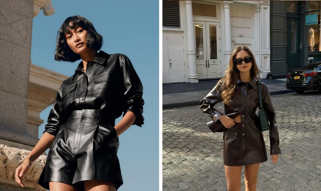 С чем носить кожаные шорты — вариант с рубашкой для городского образа