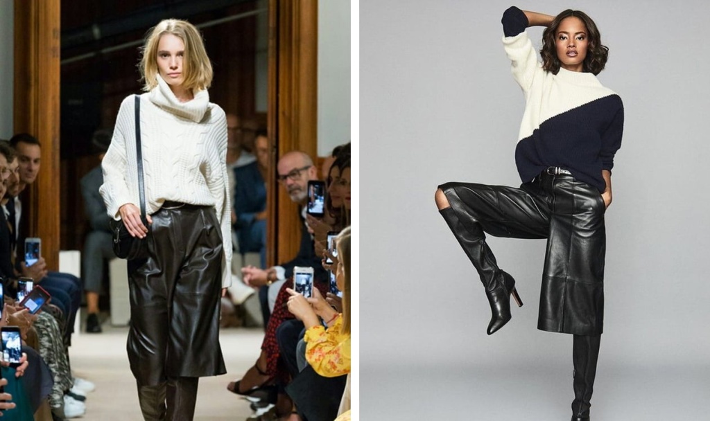 Кожаные шорты в образе со свитером для прохладной погоды