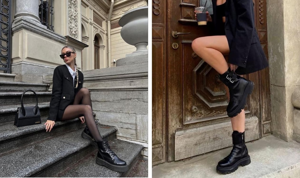 Городской лук с кожаными шортами и ботинками на плоском ходу