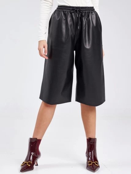 Кожаные шорты женские на резинке из натуральной кожи премиум класса 02, черные, размер 44, артикул 85950-1