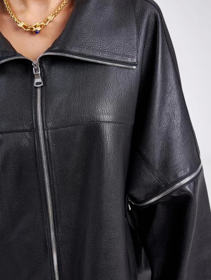 Кожаная женская куртка оверсайз на резинке премиум класса 3031, черная, размер 50, артикул 23210-2