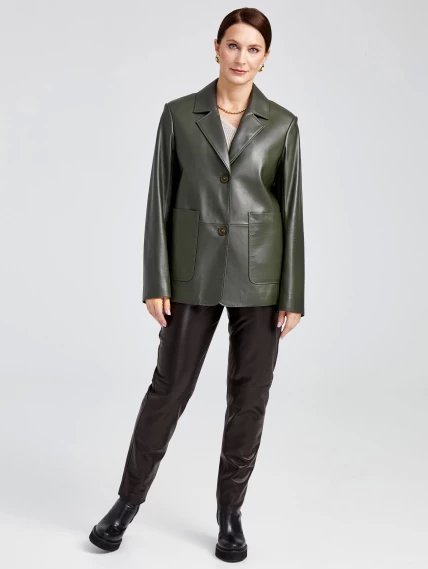 Кожаный костюм женский: Пиджак 3016 + Брюки 03, оливковый/черный, размер 46, артикул 111138-1