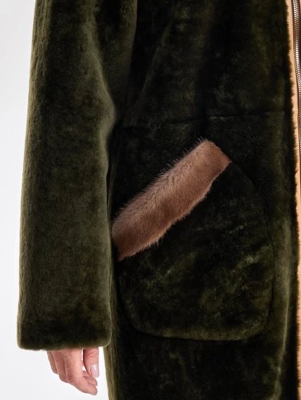 Удлиненная двусторонняя куртка из натуральной овчины с мехом норки премиум класса 2018, хаки, размер 46, артикул 24220-5