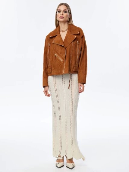 Короткая женская замшевая куртка косуха премиум класса 3051з, виски, размер 44, артикул 23920-1