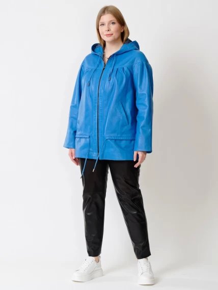Кожаный комплект женский: Куртка 303у + Брюки 04, голубой/черный, размер 48, артикул 111201-0
