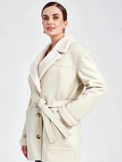 Женская куртка пиджак из меховой овчины с поясом премиум класса 2011, белая, размер 48, артикул 63600-2