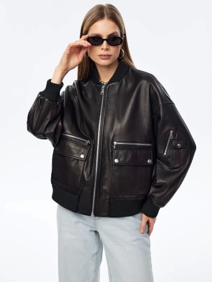 Короткая кожаная куртка бомбер для женщин премиум класса 3064, черная, размер 44, артикул 24040-6