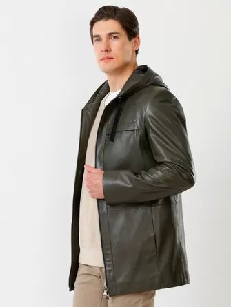 Удлиненная мужская кожаная куртка с капюшоном премиум класса 552-1