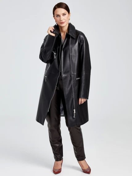 Кожаное женское пальто косуха оверсайз премиум класса 3015, черное, размер 46, артикул 25630-3