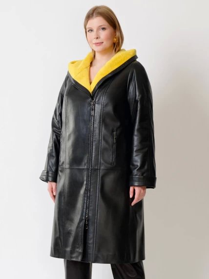 Кожаное женское пальто с капюшоном на подстежке из астрагана премиум класса 3011, черное, размер 48, артикул 25650-2
