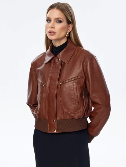 Кожаная женская куртка бомбер премиум класса 3066, песочная, размер 44, артикул 24070-0
