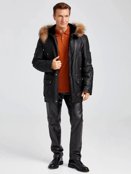 Утепленная мужская кожаная куртка аляска с мехом енота Алекс, черная DS, размер 52, артикул 40380-3