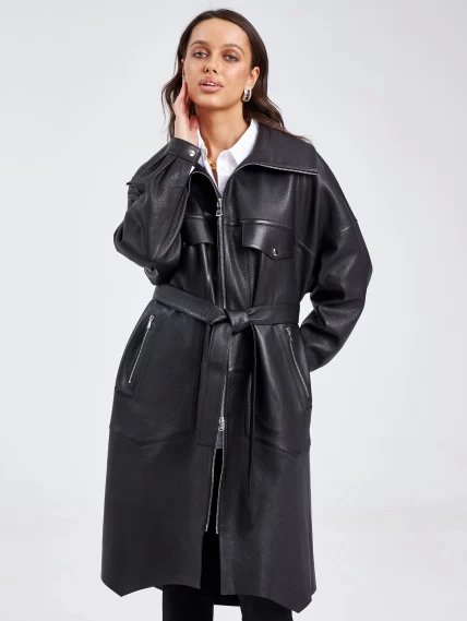 Молодежное женское кожаное пальто на молнии премиум класса 3039, черное, размер 52, артикул 63390-0