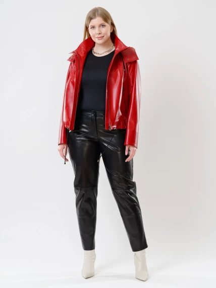 Кожаная женская куртка бомбер с капюшоном 305, красная, размер 48, артикул 91440-4
