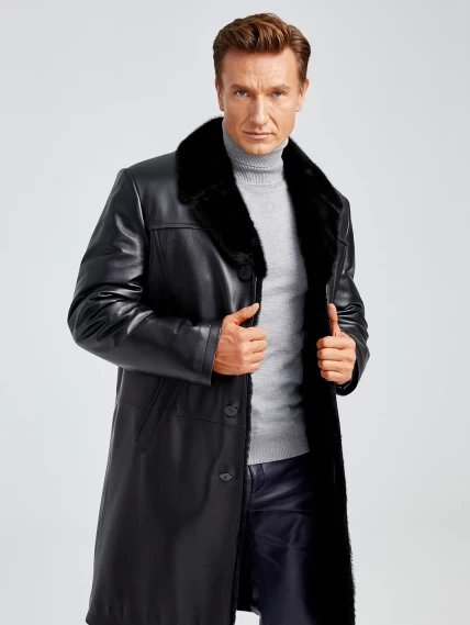 Мужское зимнее кожаное пальто с норковым воротником премиум класса 533мех, черное, размер 50, артикул 71061-1