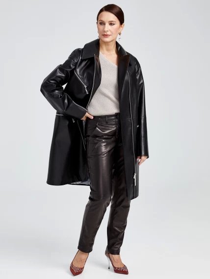 Кожаное женское пальто косуха оверсайз премиум класса 3015, черное, размер 46, артикул 25630-6