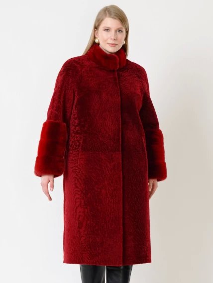 Демисезонный комплект женский: Пальто из астрагана 52мех + Брюки 03, бордовый/черный, размер 48, артикул 111192-5