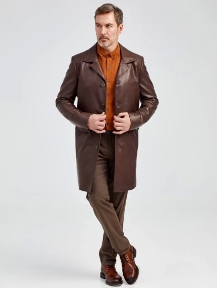 Удлиненный кожаный мужской пиджак премиум класса 539, коричневый, размер 48, артикул 29542-6
