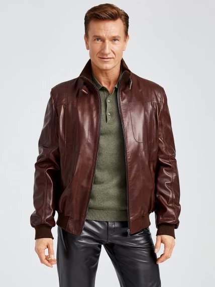 Кожаная куртка бомбер мужская премиум класса 521, коньячная, размер 48, артикул 28630-3