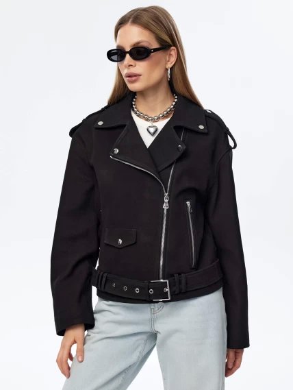 Короткая женская кожаная куртка косуха с поясом премиум класса 3052, черная, размер 44, артикул 23950-4