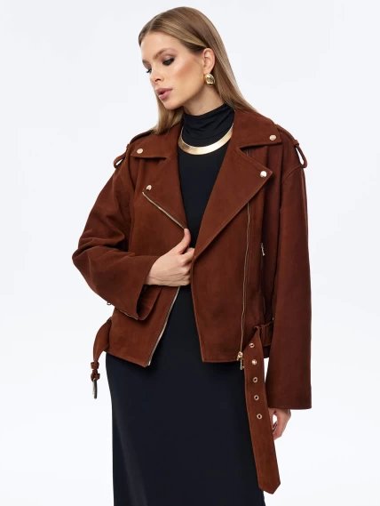 Короткая женская кожаная куртка косуха с поясом премиум класса 3052, виски, размер 44, артикул 23960-6