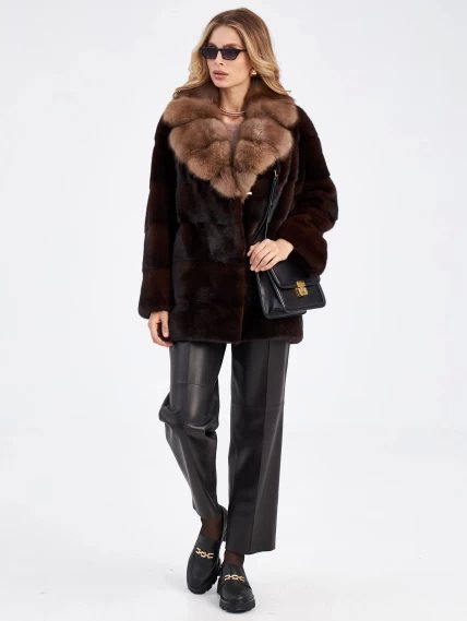 Женская куртка автоледи из меха норки с воротником из меха куницы 2а-к(авк), темно-коричневая, размер 48, артикул 33830-3