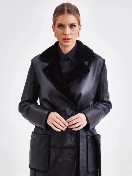 Двубортное женское пальто из натуральной овчины премиум класса 2000, черное, размер 48, артикул 63820-1