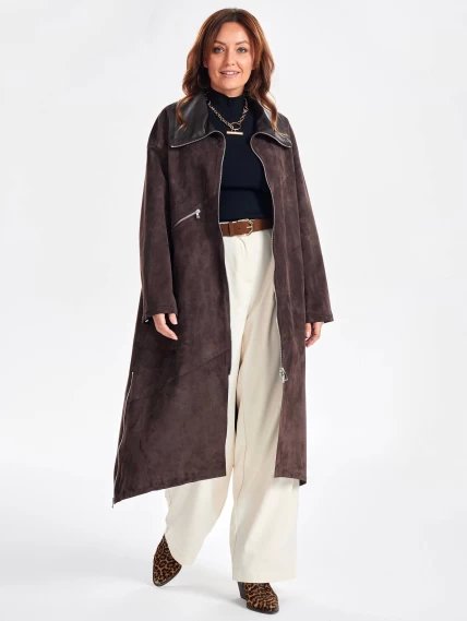 Трендовое женское замшевое пальто оверсайз премиум класса 3061з, коричневое, размер 50, артикул 63430-1