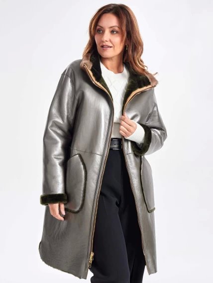 Удлиненная двусторонняя куртка из натуральной овчины с мехом норки премиум класса 2018, хаки, размер 46, артикул 24220-2