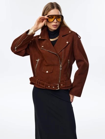 Короткая женская кожаная куртка косуха с поясом премиум класса 3052, виски, размер 44, артикул 23960-0