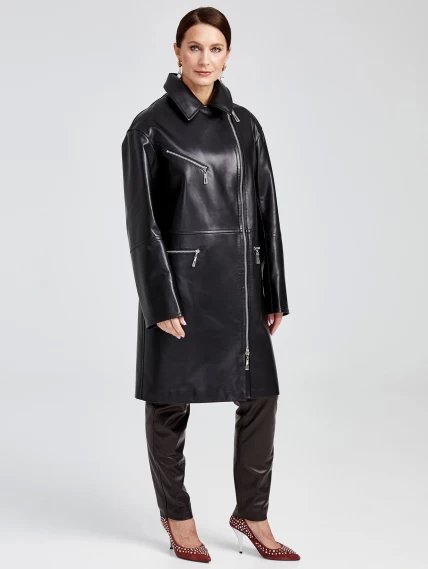Кожаное женское пальто косуха оверсайз премиум класса 3015, черное, размер 46, артикул 25630-5