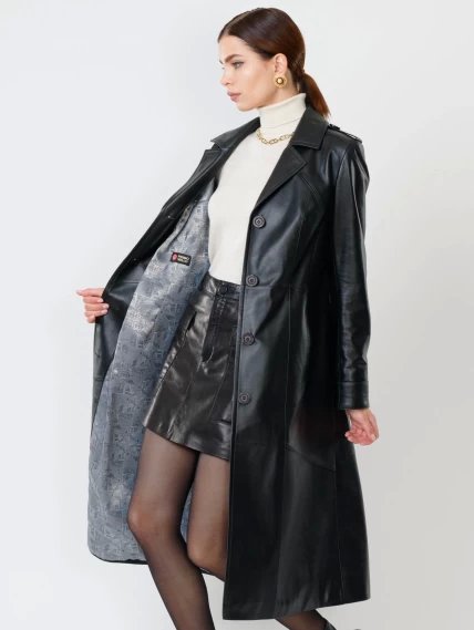 Классический кожаный женский плащ с поясом 3010, черный, размер 46, артикул 91500-5