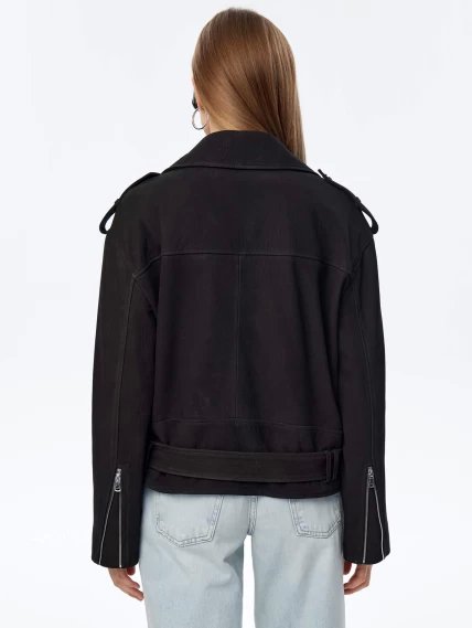 Короткая женская кожаная куртка косуха с поясом премиум класса 3052, черная, размер 44, артикул 23950-5