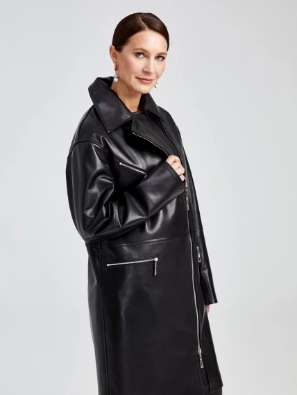 Кожаное женское пальто косуха оверсайз премиум класса 3015, черное, размер 46, артикул 25630-1