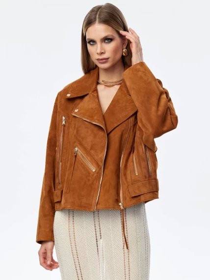 Короткая женская замшевая куртка косуха премиум класса 3051з, виски, размер 44, артикул 23920-0
