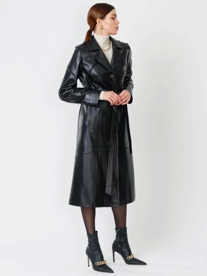 Классический кожаный женский плащ с поясом 3010, черный, размер 46, артикул 91500-3
