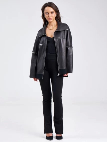 Кожаная женская куртка оверсайз на резинке премиум класса 3031, черная, размер 50, артикул 23210-4