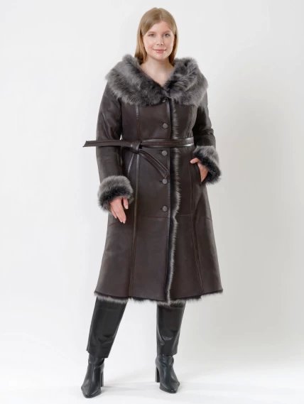 Зимний комплект женский: Дубленка 132 + Брюки 02, коричневый/черный, размер 44, артикул 111218-0