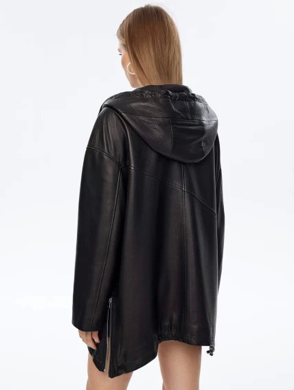 Кожаный плащ оверсайз с капюшоном для женщин премиум класса 3054, черный, размер 50, артикул 24000-5