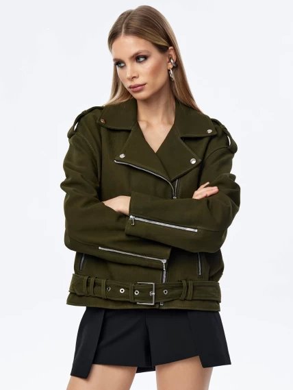 Короткая женская кожаная куртка косуха с поясом премиум класса 3052, хаки, размер 44, артикул 23970-4