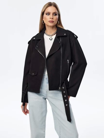 Короткая женская кожаная куртка косуха с поясом премиум класса 3052, черная, размер 44, артикул 23950-0