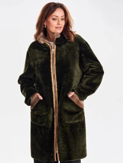 Удлиненная двусторонняя куртка из натуральной овчины с мехом норки премиум класса 2018, хаки, размер 46, артикул 24220-3